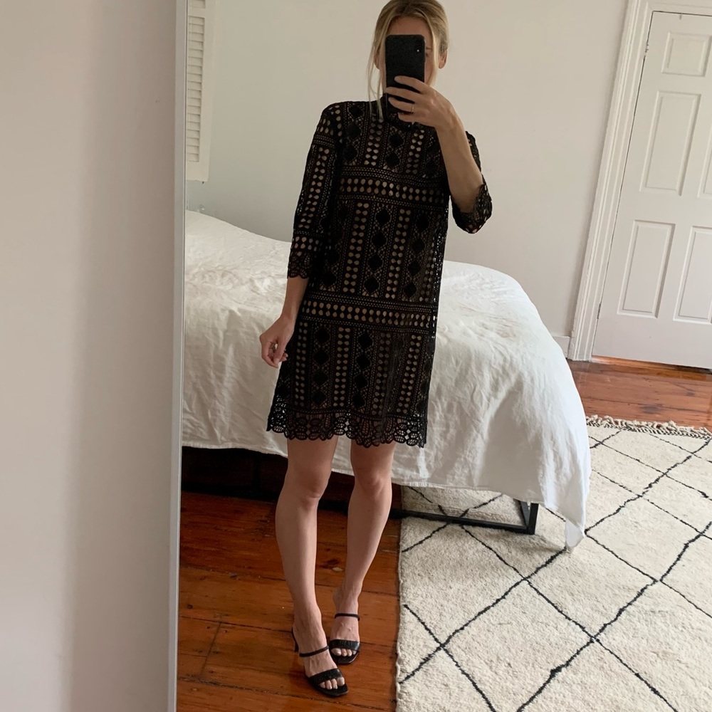 Jamé Black Open Weave Embroidered Mini Cocktail Dress with Nude Slip SZ XS